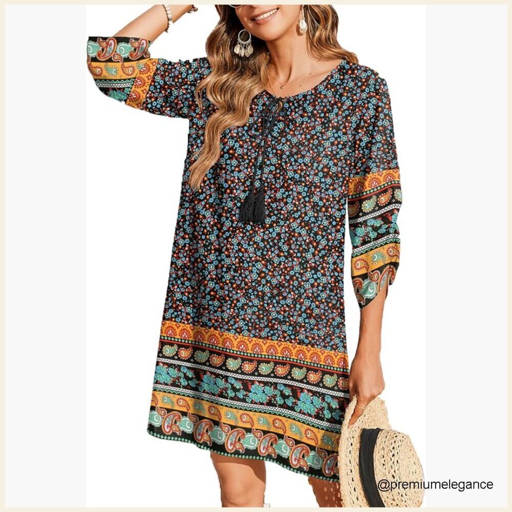 Rayon Boho Mini Dress with Tassel Tie Neck 3/4 Sleeve Floral Print